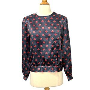 Christian Dior Vintage Satin Blouse Blue Red Print Long Slv Banded Waist Size 8